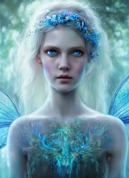 Prompt: portrait of a gorgeous fairy princess of the forest, perfect blue eyes, detailed iridescent fractal pattern skin, 8k render, ultra realistic, cinematic lighting, artstation, artgerm, Seb McKinnon