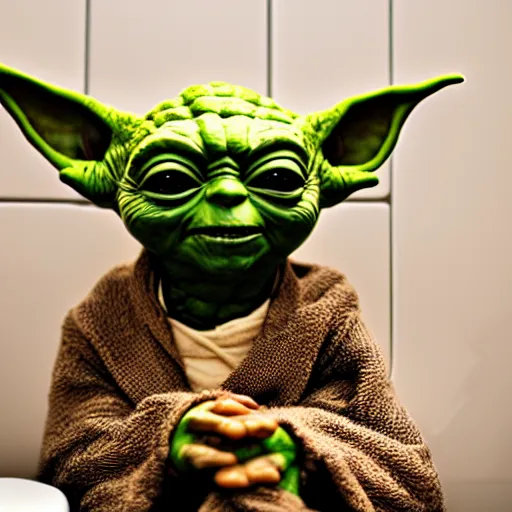 Image similar to yoda sitting on toilet