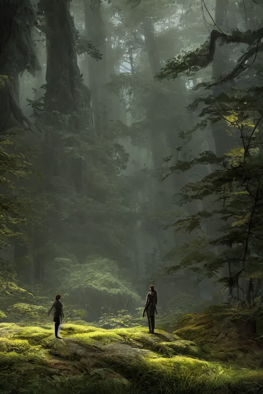 Image similar to A small character standing before a giant creature in a beautiful forest by Greg Rutkowski, Sung Choi, Mitchell Mohrhauser, Maciej Kuciara, Johnson Ting, Maxim Verehin, Peter Konig, final fantasy , 8k photorealistic, cinematic lighting, HD, high details, atmospheric,