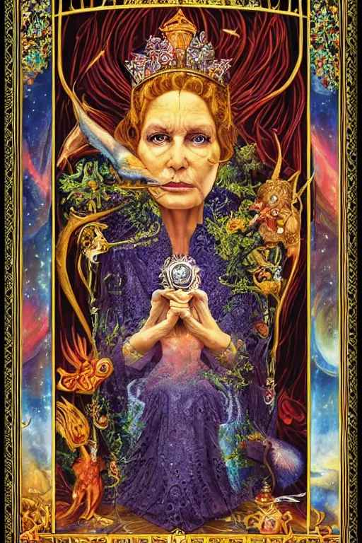 Image similar to beautiful tarot card of the queen of dreams by carol bak and jacek yerka, oil on canvas, intricate border, portrait, 8k highly professionally detailed, HDR, CGsociety