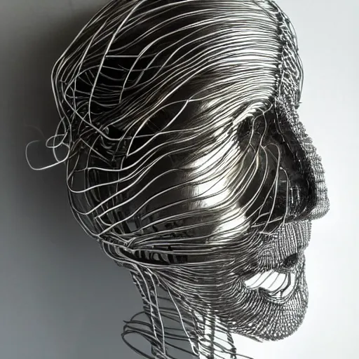 Image similar to realistic silver metal detailed wire sculpture of the human consciousness
