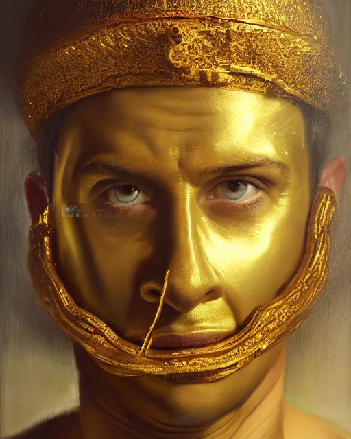 Prompt: oil painting portrait of man with a golden mask, photorealistic, shaded, cinematic lighting, high production value, intricate details, high resolution, hdr, high definition, masterpiece, realistic, ultrarealistic, highly detailed, hd, sharp focus, non blurry, sharp, smooth