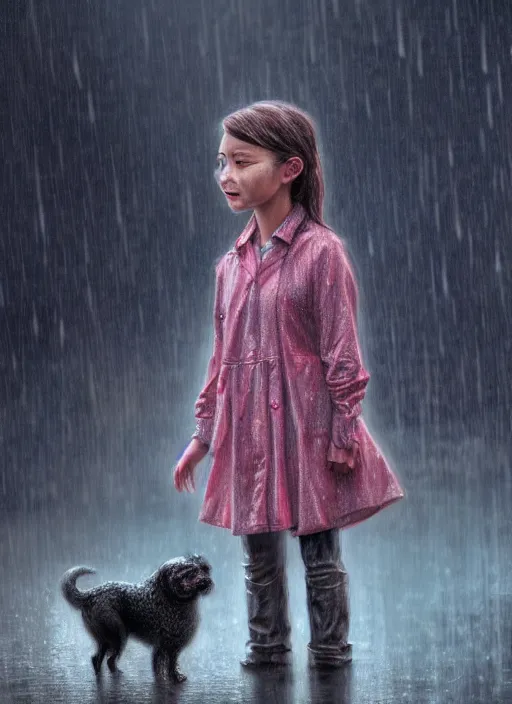 Image similar to a little girl stands outside in glee while it is literally raining cats and dogs, diffuse lighting, detailed face, fantasy, intricate, surrealism!!!!, highly detailed, lifelike, photorealistic, digital painting, artstation, illustration, concept art, smooth, sharp focus,