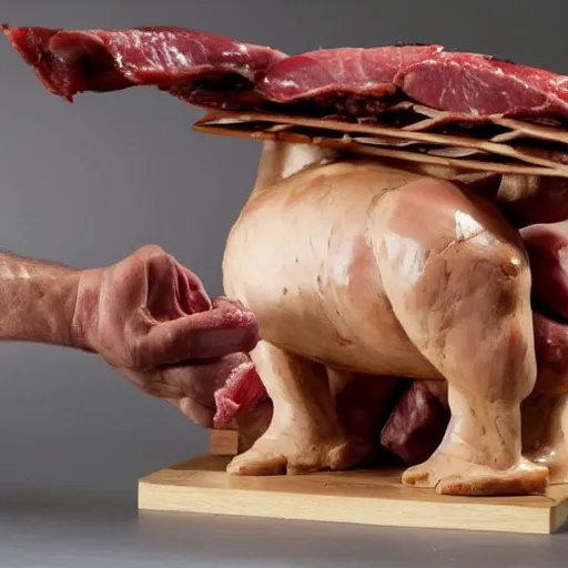 Image similar to a sculpture of chappy, made out of meat