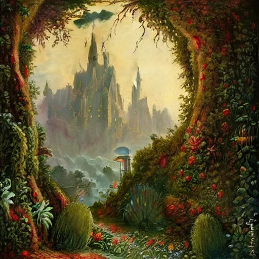 Prompt: paint surrealist 👁🏰🍄, ferdinand knab, 4 k