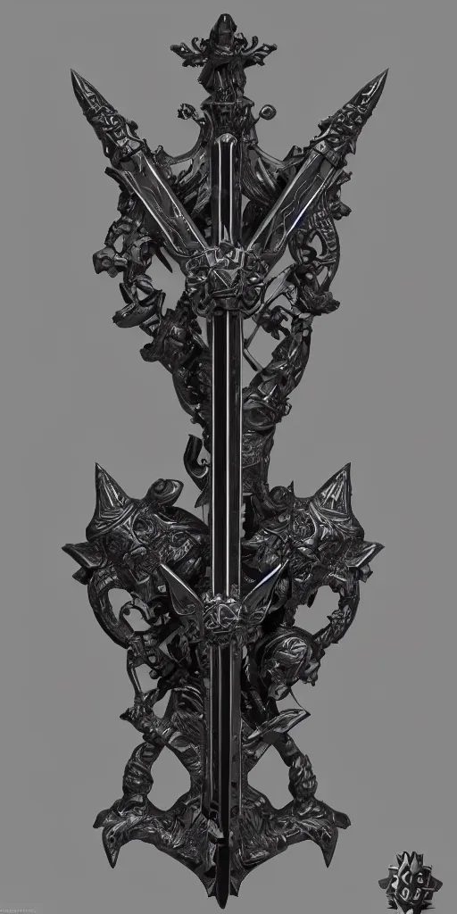 Prompt: a black and silver sword skull crest, ornament, weapon, a 3 d render by dom qwe, trending on polycount, artstation, hard surface modeling, zbrush, symmetry