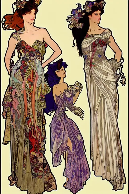 Prompt: 4 elegant full length spider horse dress designs with natural history prints designed by alphonso mucha