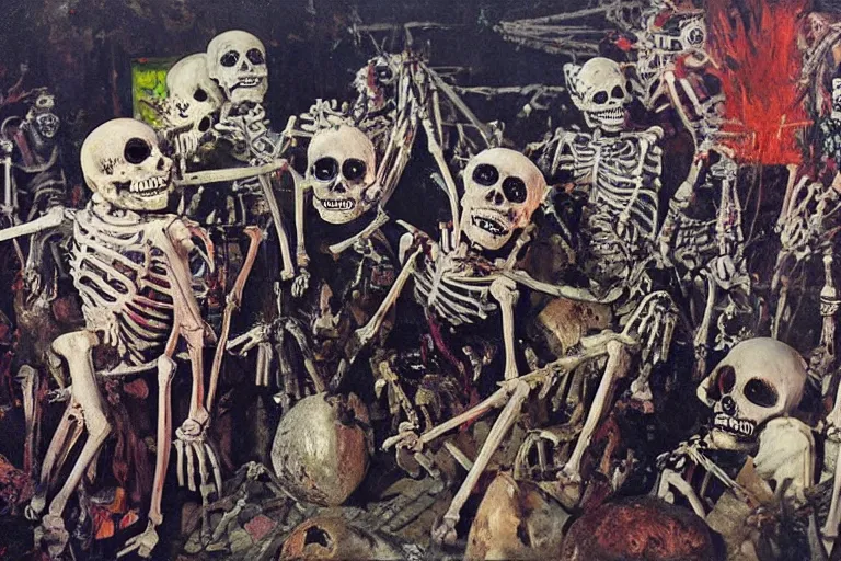 Image similar to scene from spartacus, day of the dead, cyber skeleton, neon painting by otto dix