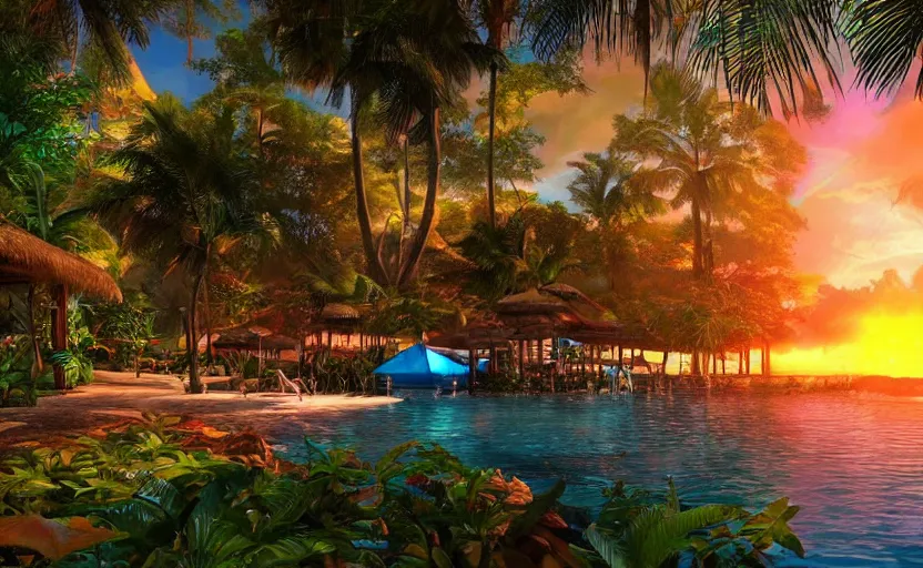 Image similar to a tropical resort in a jungle paradise, with a beautiful red and blue sunset, dynamic lighting, photorealistic fantasy concept art, trending on art station, stunning visuals, creative, cinematic, ultra detailed, ray tracing, sun rays