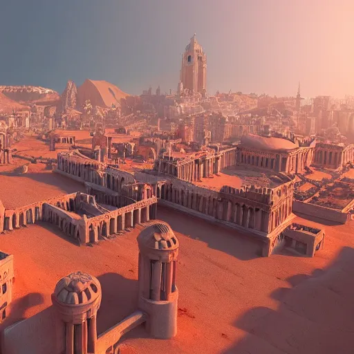 Image similar to Sprawling view of detailed fantasy city with greek architecture and intricate walls surrounded by a red desert; trending on artstation