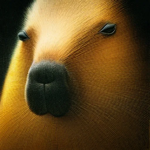 Image similar to a portrait of a capybara wearing a black hood, cloak covering face, anatomically correct, beautiful perfect face, enigmatic, oil painting, matte, black background, volumetric dynamic lighting, highly detailed, cinematic lighting, unreal engine, 8 k, hd, by beksinski