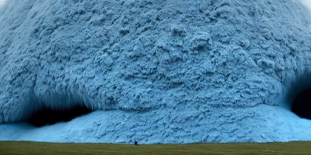 Image similar to a strange huge translucent pvc inflated organic architecture building with blue fluffy fur inside by anish kapoor sits in the rock mountains, film still from the movie directed by denis villeneuve with art direction by zdzisław beksinski, close up, telephoto lens, shallow depth of field