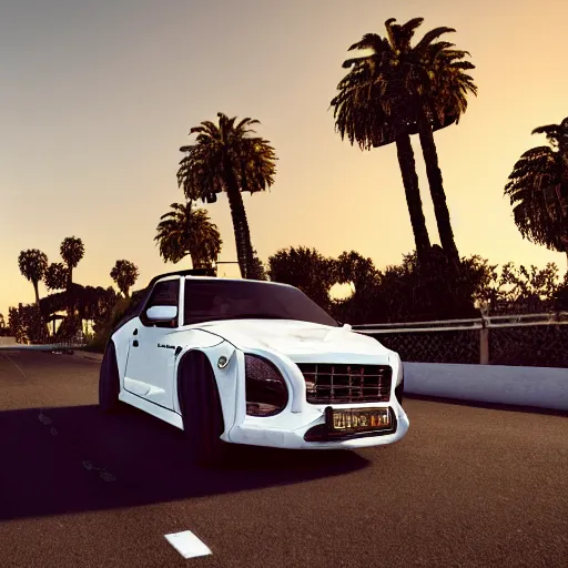 Image similar to a photorealistic image of a smiling white bichon frise puppy dog riding a black motorcycle in Hollywood at sundown. Palm trees in the background. Paws on handlebars. This 4K HD image is Trending on Artstation, featured on Behance, well-rendered, extra crisp, features intricate detail and the style of Unreal Engine.