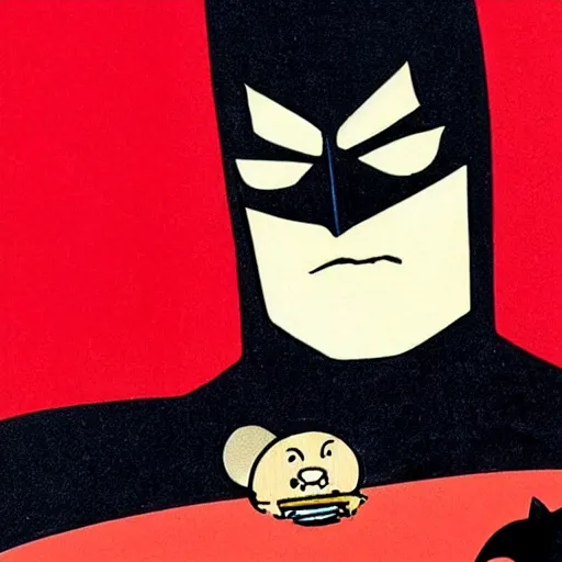 Prompt: Batman holding a hamster in his hand, looking at it curiously. In the style of 80s comic book. Red background