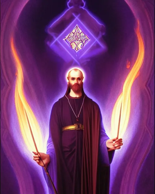 Image similar to portrait of saint germain, he holding the violet flame, it is a fire that is completely violet colored, intricate, elegant, highly detailed, digital painting, artstation, concept art, smooth, sharp focus, illustration, art by artgerm and greg rutkowski and fra angelico and alphons mucha