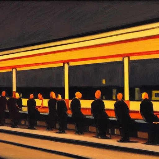 Prompt: a some people waiting in a lone bus stop in quiet dark city night painted by Alex Katz and Edward Hopper, high quality, high resolution,detailed