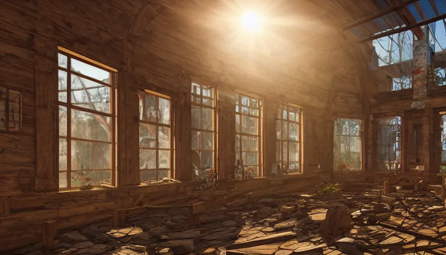 Prompt: wooden craft garden built in destroyed museum in washington dc, sunrise light through windows, hyperdetailed, artstation, cgsociety, 8 k