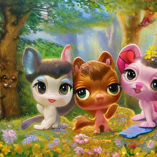 Image similar to 3d Littlest Pet Shop, forest, glitter, master painter and art style of Noel Coypel, art of Émile Eisman-Semenowsky, art of Édouard Bisson