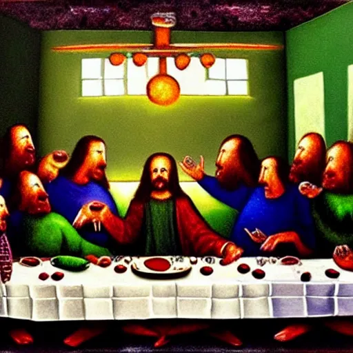Prompt: aliens in the last supper, eating alien food, painting