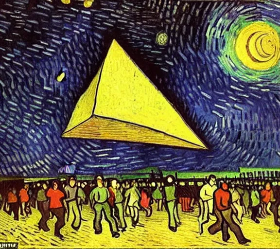 Image similar to a giant triangular dumpling with meat in the center eats people in the city of the future, people run and scream, by van gogh, realism, futurism