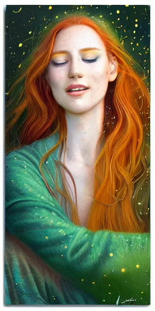 Image similar to infp young woman, smiling amazed, golden fireflies lights, sitting in the midst of nature fully covered, long loose red hair, intricate linework, green eyes, small nose with freckles, oval shape face, realistic, expressive emotions, dramatic lights mystical scene, hyper realistic ultrafine art by michael cheval, jessica rossier, boris vallejo, artgerm