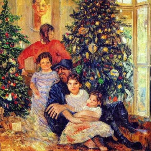 Prompt: “an impressionist painting of a family sitting in the foreground there’s a beautiful woman with a symmetric face with two young children on her lap, a boy and a girl. There’s a Christmas tree and a log fire burning in the background. On the sofa in the background a scruffy homeless man sleeping.”