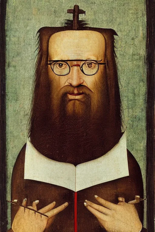 Prompt: portrait of brown-haired bearded man with glasses by hieronymos bosch