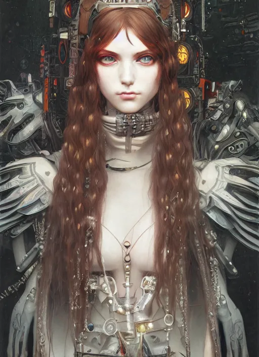 Image similar to portrait of beautiful young gothic maiden, cyberpunk, Warhammer, highly detailed, artstation, illustration, art by Gustav Klimt and Range Murata