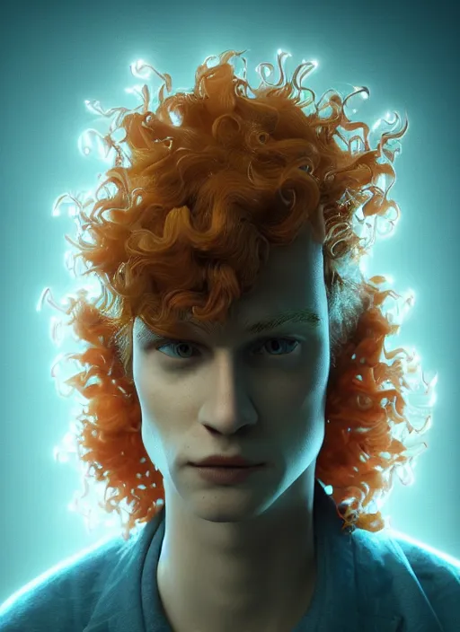 Image similar to glowwave portrait of curly orange hair man, au naturel, hyper detailed, digital art, trending in artstation, cinematic lighting, studio quality, smooth render, unreal engine 5 rendered, octane rendered, art style by pixar dreamworks disney riot games and rockstar games.