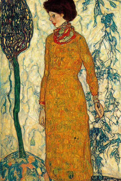 Image similar to girl waer detailed golden arabesque dress with a big tree palm in persian pot, painting by egon schiele
