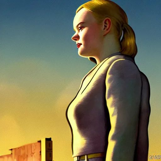 Image similar to Elle Fanning, head and shoulders masterpiece, in Fallout 3, golden hour, in a garden, artstation, in the style of Art Deco and Edward Hopper and Bosch, extremely detailed