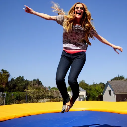 Prompt: a real photo of Julia Roberts jumping on a trampoline, 4K, high quality