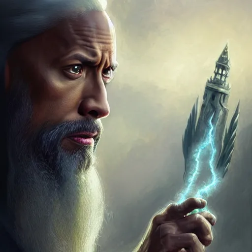 Image similar to Dwayne Johnson as Albus Dumbledore, western, D&D, fantasy, intricate, elegant, highly detailed, digital painting, artstation, concept art, matte, sharp focus, illustration, art by Artgerm and Greg Rutkowski and Alphonse Mucha