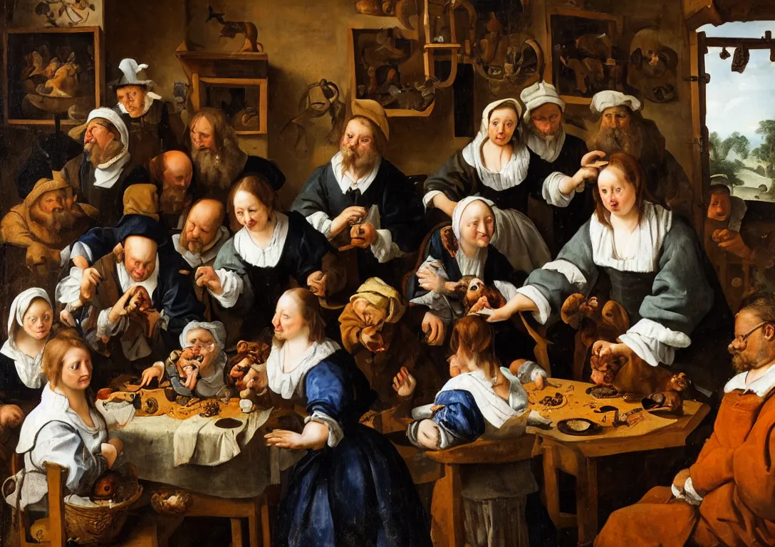 Prompt: Jan Steen. beautiful woman in the center looking at us. 5 people, pig, dog, duck, window. low ceiling, small chamber. Hyperrealistic, ultra detailed, 80mm, museum, artwork.