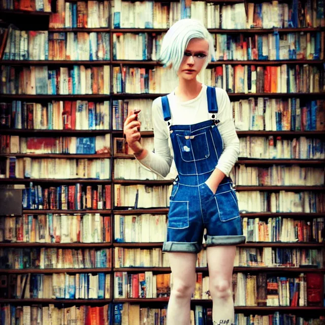 Image similar to full body pose, beautiful adult book fairy, pixar, short white hair shaved sides, dirty, grungy, grunge, long sleeve, painted overalls, stacks of giant books, highly detailed, 4 k, hdr, smooth, sharp focus, high resolution, award - winning photo, artgerm, photorealistic