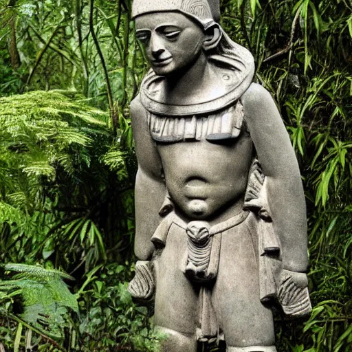 Image similar to ancient aztec statue of leonardo di caprio in the middle of a jungle