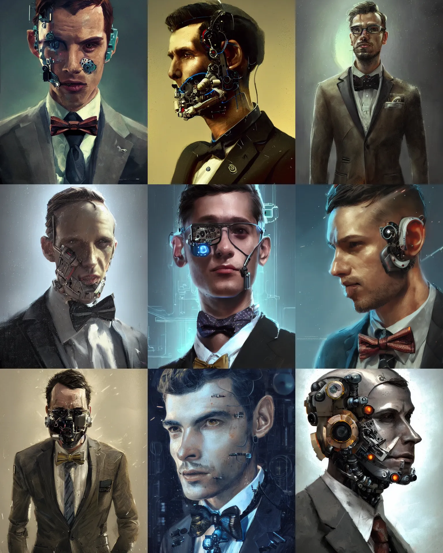 Prompt: a rugged young engineer man with cybernetic enhancements wearing a suit and bowtie, half robot, scifi character portrait by greg rutkowski, esuthio, craig mullins, 1 / 2 headshot, detailed face, cinematic lighting, dystopian scifi gear, gloomy, profile picture, mechanical, implants, steampunk