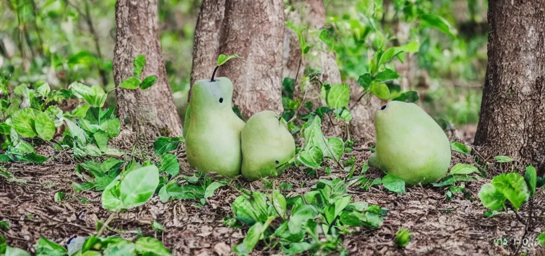 Image similar to a cute green pear animal walking in front of a forest, and looking at the camera; pear skin; nature photography
