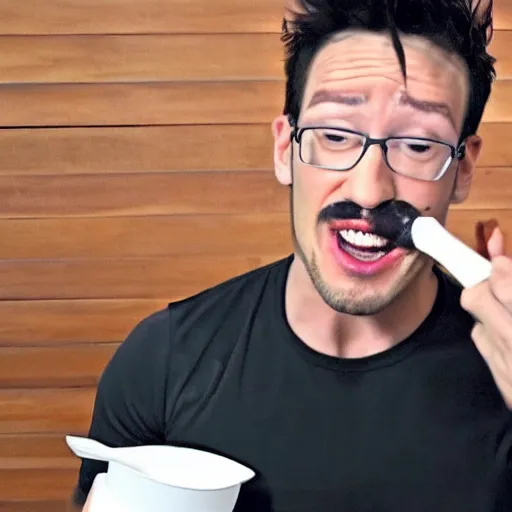 Prompt: markiplier slurping from a bucket of cream using a ladle, but spilling it all over his face and abs