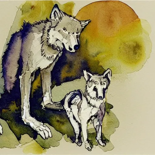 Prompt: herman hesse and his wolf near. they play glass beads. watercolor with pancil by hugo pratt.