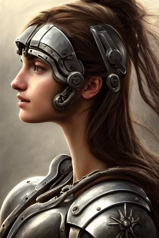 Image similar to a photorealistic painted portrait of an attractive young girl, partially clothed in dull metal-plated battle armor, olive skin, long dark hair, beautiful bone structure, symmetric facial features, perfect photorealistic eyes, natural physique, intricate, elegant, digital painting, concept art, finely detailed, beautifully illustrated, sharp focus, minimal artifacts, from Metal Gear, by Ruan Jia and Mandy Jurgens and Artgerm and William-Adolphe Bouguerea, in the style of Greg Rutkowski, trending on Artstation, award winning