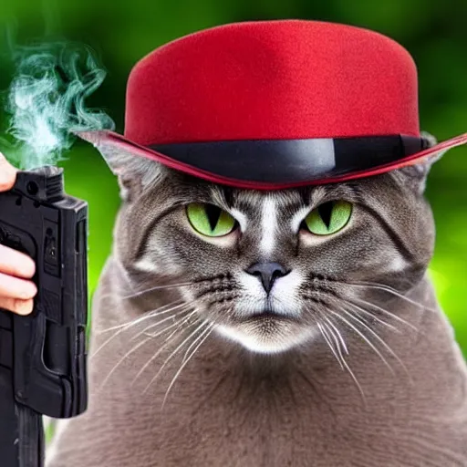 Image similar to A Cat with Red eyes and fedora hat while holding a Glock and smoking weed