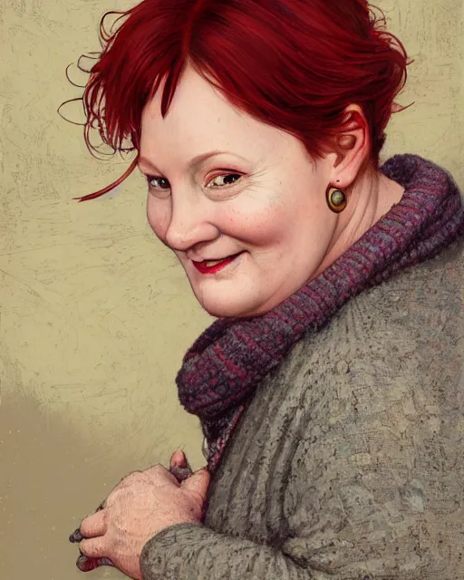 Prompt: portrait of happy short and plump 5 0 - year - old woman with red hair and, kind face, round face, short hair, molly weasley, wearing in cardigan, hyper realistic face, beautiful eyes, close up, fantasy art, in the style of greg rutkowski, intricate, alphonse mucha, hyper detailed, smooth