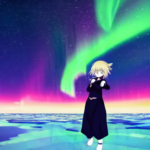 Image similar to anime girl standing on the aurora borealis that is trapped in the ice within the artic, starry sky