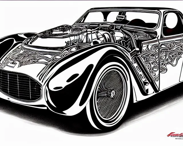 Prompt: Ferrari hotrod car with an open V12 engine, highly detailed, intricate, sharp focus, automotive magazine art