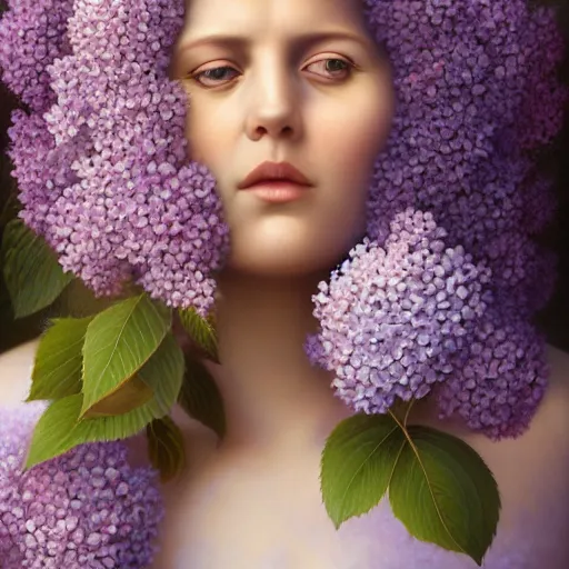 Image similar to portrait of a lilac hair goddess of light through hydrangeas flowers, soft rose and dried petals, painterly, highly detailed, 8 k, by tomasz alen kopera, h 6 6 0