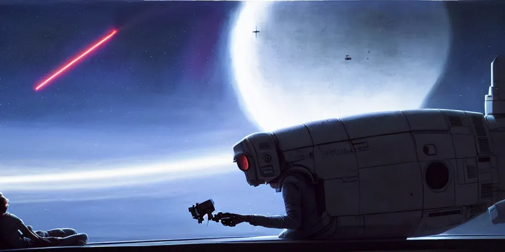 Prompt: hyper realistic sci - fi matte concept art painting of a young spaceship pilot watching a satellite shoot a laser at earth from her window, brightly lit!, beautiful details, strong composition painted by kim jung guweta studio rutkowski, james gurney and greg rutkowski, and lucasfilm, smooth, intricate, detailed, sharp focus, cinematic