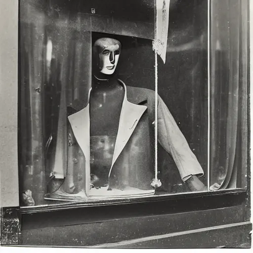 Image similar to 1 9 1 0 paris store window, manikin, suit, wax head, photograph, style of atget, old, creepy, smiling