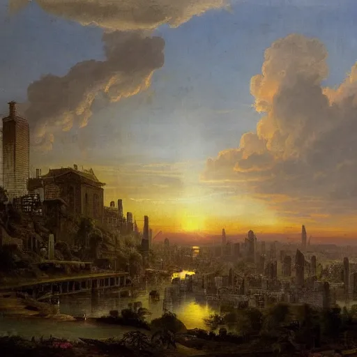 Prompt: vista of a city at sunset, the city is a sprawling renaissance city that is built on the rolling hills of a wide bay amidst cyclopean mausoleums with the rainforest at its edges, rpg, hubert robert, cityscape, vista, dying earth, reclaimed ruins