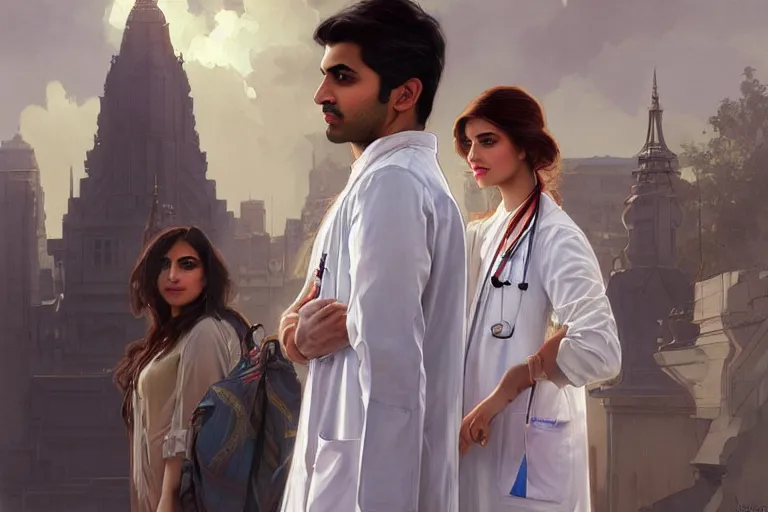 Image similar to Anxious good looking pale young Indian doctors wearing American clothes outside a hospital, portrait, elegant, intricate, digital painting, artstation, concept art, smooth, sharp focus, illustration, art by artgerm and greg rutkowski and alphonse mucha